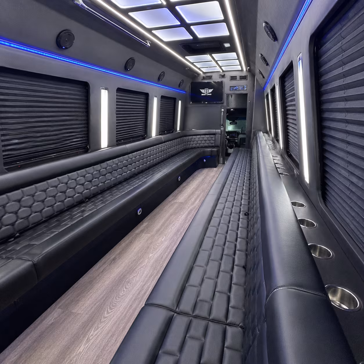 Wedding guests seated inside a party bus serving Providence